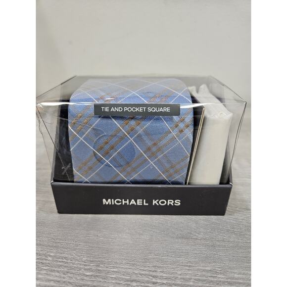 Michael Kors Blue Plaid Tie And Pocket Square Combo New Striped Dress Tie - Picture 1 of 4